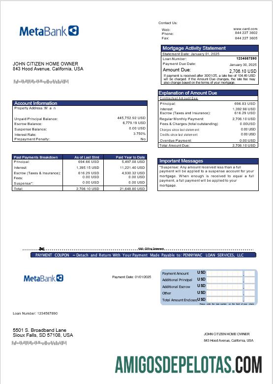 Extrato de hipoteca do cartão Meta Bank dos EUA em formatos Word e PDF modelo